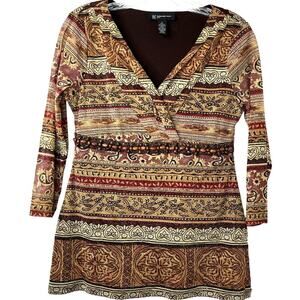 INC International Concepts Y2K Top Brown/Gold Sparkle Beaded 3/4 Sleeves Size S